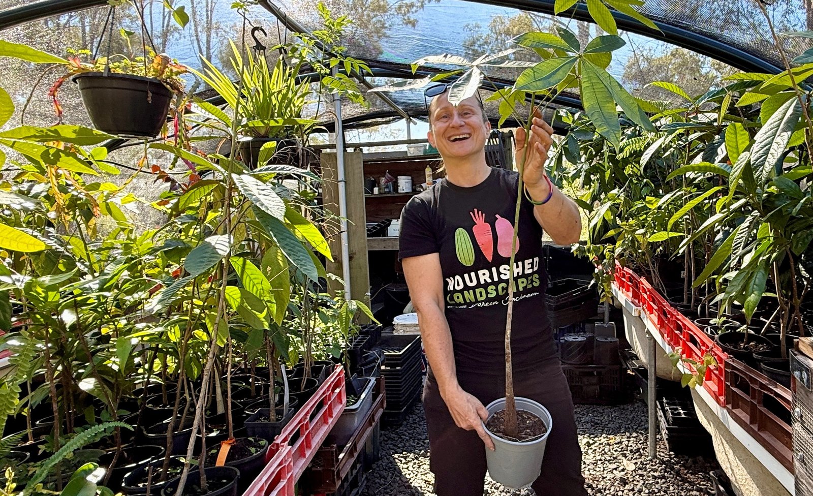 Nourished Landscapes grower standing beside a young fruit tree at the Jimboomba nursery
