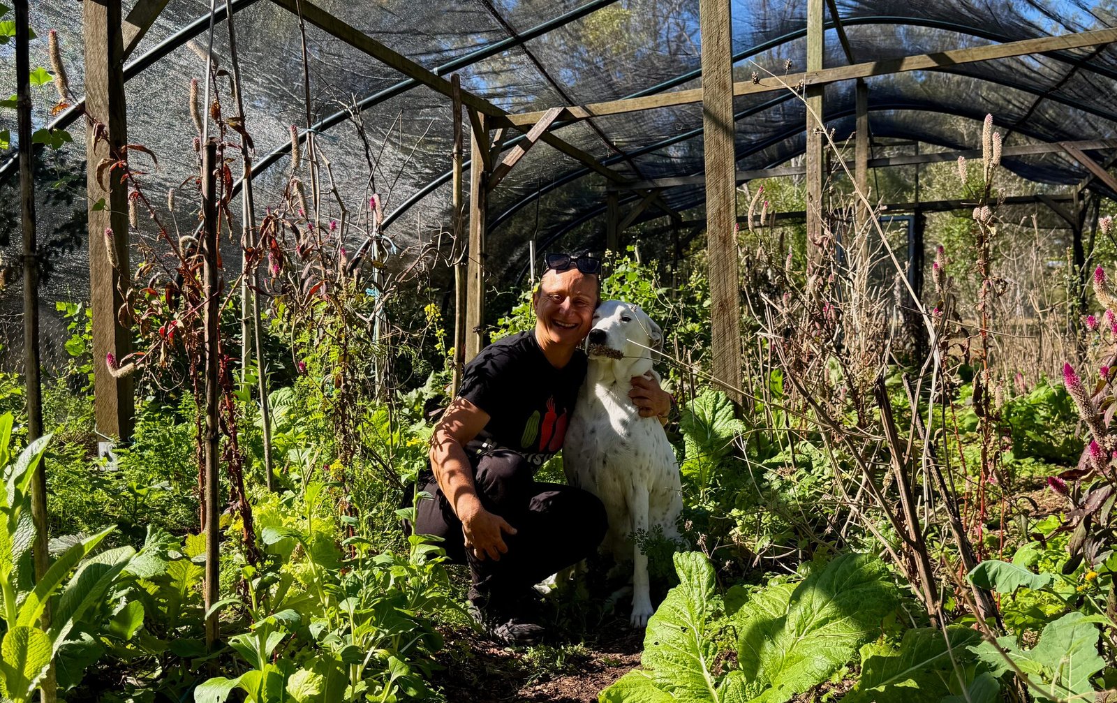 Doreen Jachmann with her dog in the polytunnel at Nourished Homestead